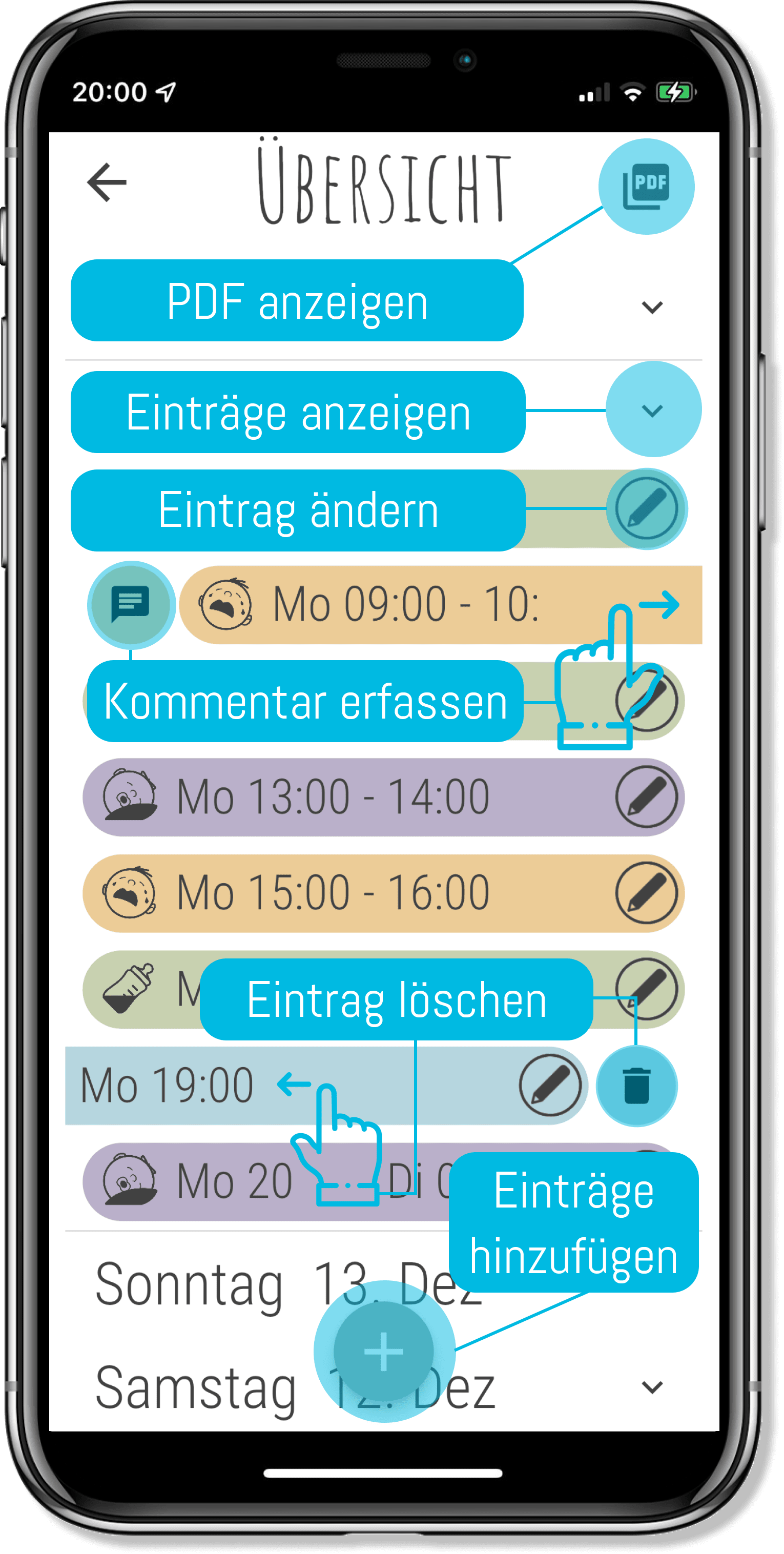 Mobiles Gerät mit einer Übersicht der erfassten Einträge eines Schlafprotokolls